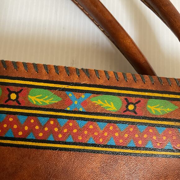 Artisanal Mexican Leather Handbag Floral Embroidered & Painted Purse - Picture 6 of 9